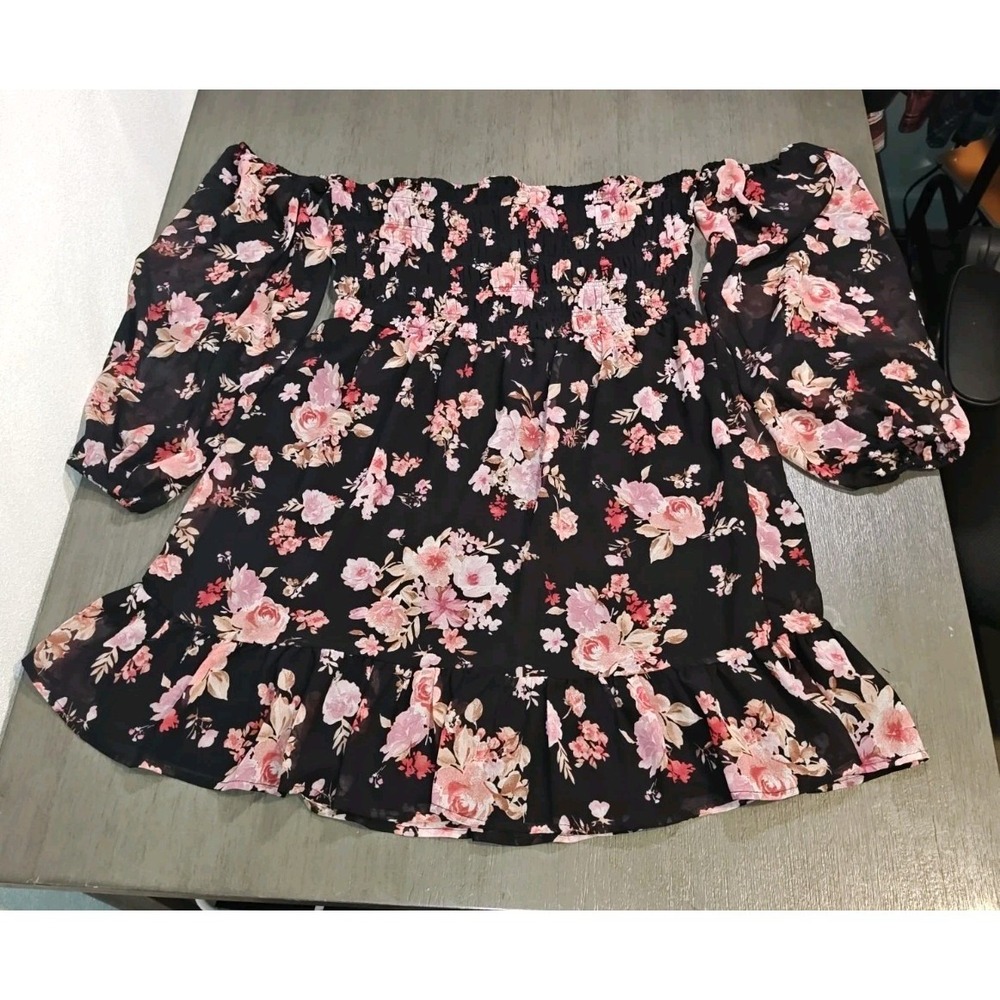 Lily Rose L Floral Off Shoulder Mini Dress Black Pink Ruffle Boho
